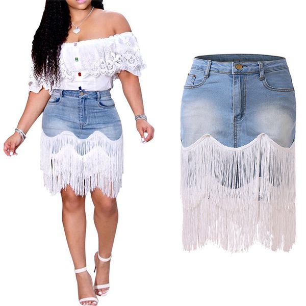 

skirts 2021 women denim bag hip skirt high waist tassel stitching irregular street fashion style (s/m/l/xl), Black