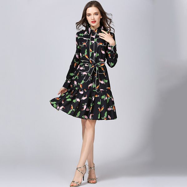 

708 xxxl 2020 summer brand same style empire lapel neck flora print panelled long sleeve prom dress polyester oushali, White;black