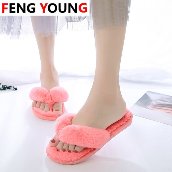 

winter women house fuzzy slippers fashion faux fur warm shoes women slip on flats female home slides black plush slippers