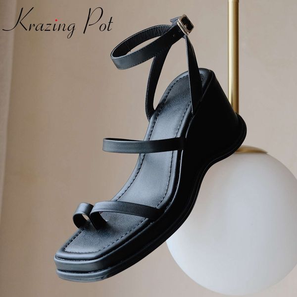 

krazing pot sandals women genuine leather flip-flop high heel wedges french romantic beauty lady daily wear summer shoes l13, Black