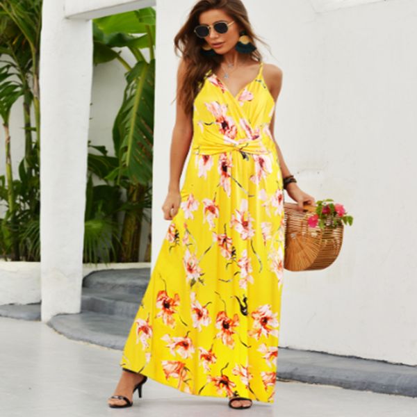 

floral spaghetti strap womens dresses summer beach vacation loose dress big swing ankle length casual clothing, Black;gray