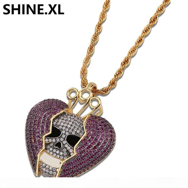 

iced out solid skull head broken heart micro paved lab diamond brass two tone plated bling hip hop party jewelry gift, Silver