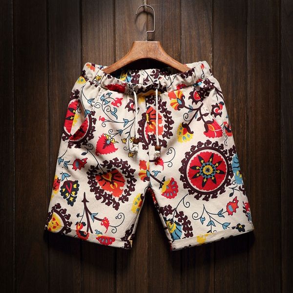 

men's new linen printed casual floral shorts plus size fat man elastic shorts beach pants waist cotton and linen beach pants