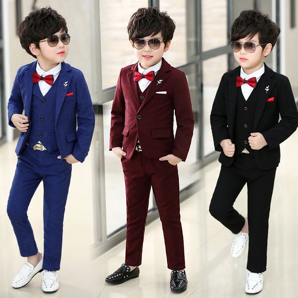 

flowers boys formal suit wedding gentleman children party clothing sets kids jacket vest pants 3pcs ceremony costumes, White