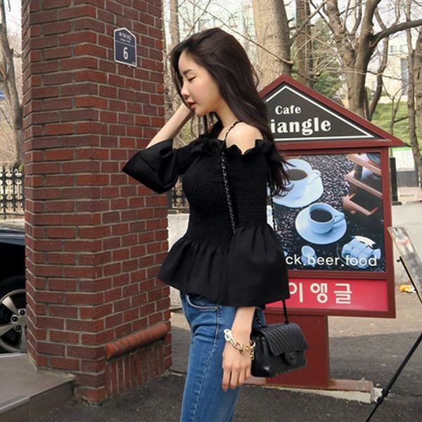 

dmu2w -плеча женская одежда 2019 лето топ hornshirt hornkorean стиль сексуальный один-воротник оборками расклешенные рукава рубашки семь чет, White