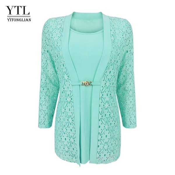 

ytl women's plus size false two-piece 3/4 sleeve mint blouse office work business lace waist brooch tunic shirt h384, White