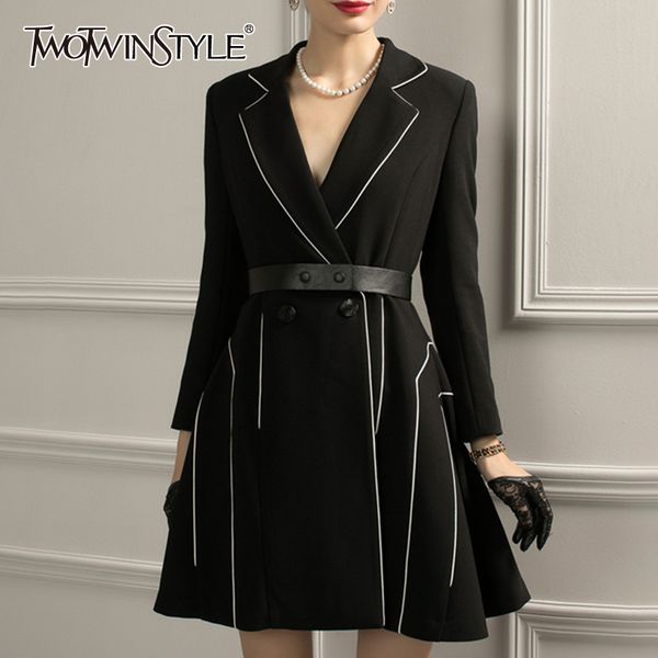 

twotwinstyle хит цвет лоскутное платье женщин шарпу воротник с длинными рукавами высокой талией пояса мини летние платья женский 2020 новый, Black;gray