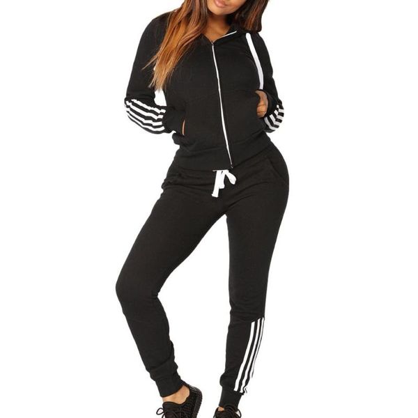

2pcs female casual stripe zipper long sleeve pullove sport +long pants set fashion jogging sportswear tracksuit for women, Black;blue