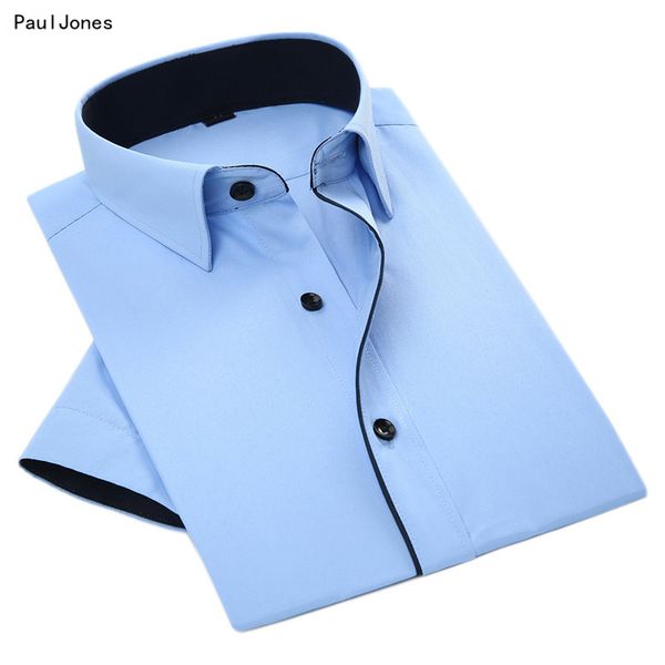 

pauljones summer men short sleever formal shirts asian black patchwork collar men's casual dress shirts 4xl china clothes, White;black