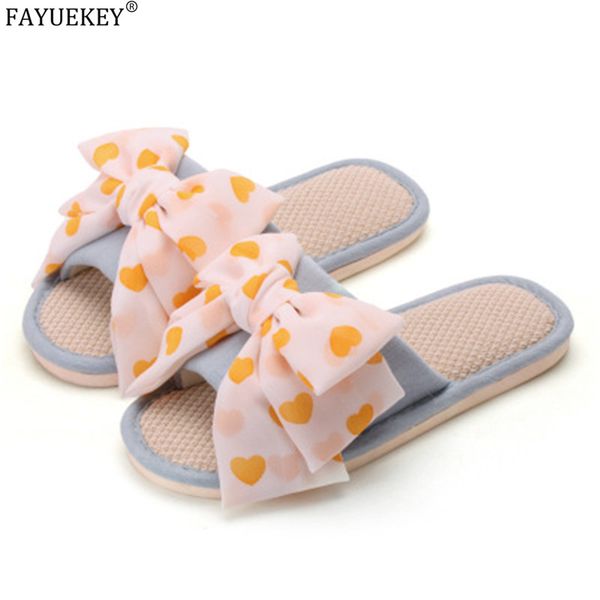 

fayuekey new summer women slippers heart bow ladies casual flat slides indoor shoes home flax slippers female flip flop, Black