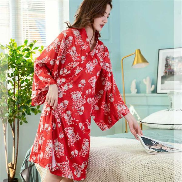 

women's sleepwear japanese-style kimono summer ladies bathrobe printed bridal robes 2021 nightdress home service red nightgown pijamas, Black;red