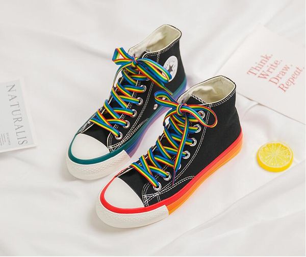

fashion rainbow bottom women sneakers 2020 high sneakers women designer shoes canvas shoes, Black