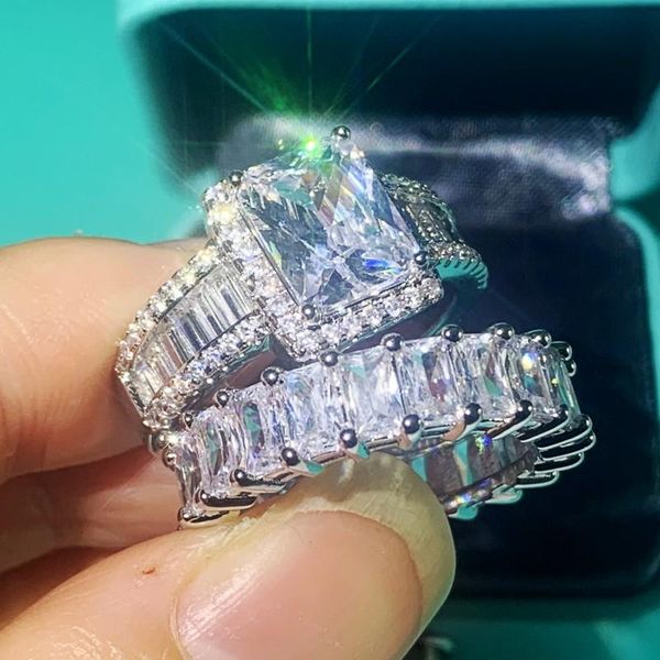 

luxury jewelry couple rings 925 sterling silver princess cut white z cz diamnond promise women wedding engagement band ring set gift, Slivery;golden