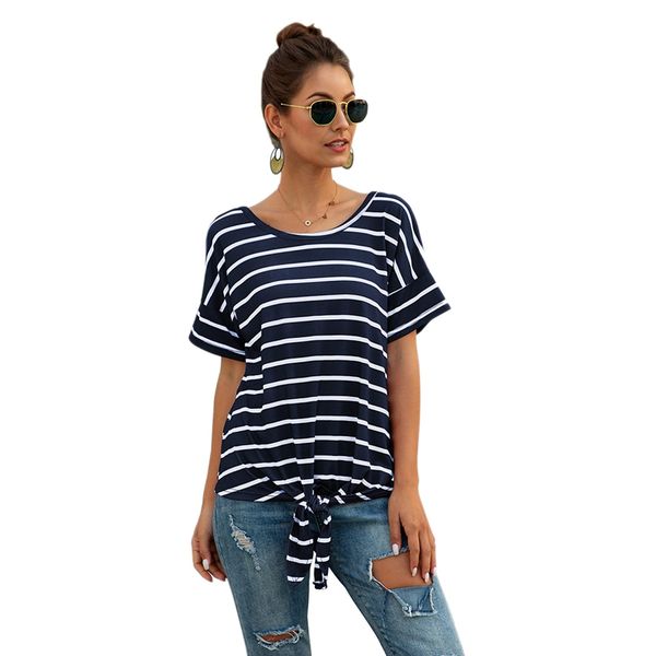 

striped t-shirt women tie short sleeve t shirt summer loose tee shirts o-neck tee dark blue xl, White