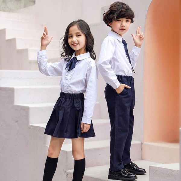 

kids cotton japanese korean student school uniforms set suit for girls boys white shirts navy blue skirt pants tie clothes