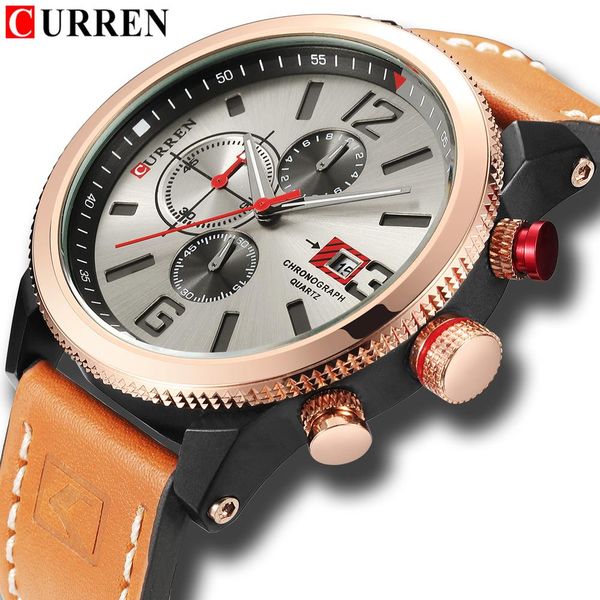 

fashion mens chronograph watches genuine leather strap quartz wristwatch curren 2018 casual sport style waterproof 99ft relojes, Slivery;brown