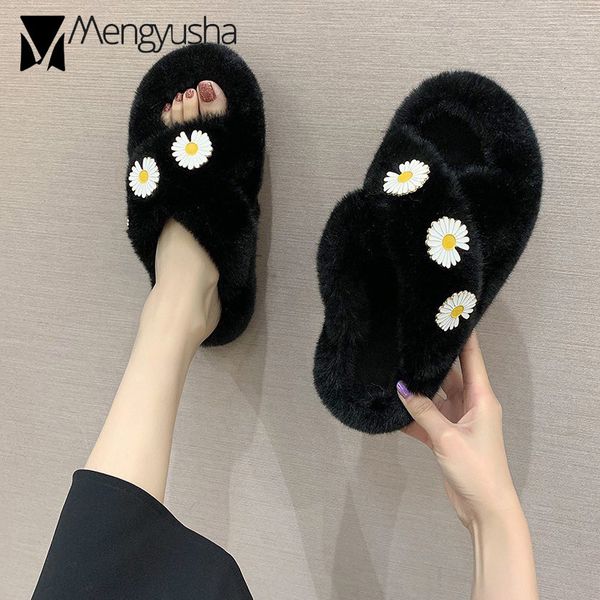 

2020 flower pendant cross band fur slippers women cozy plush winter slides shoes female small daisies furry home pantoufles, Black