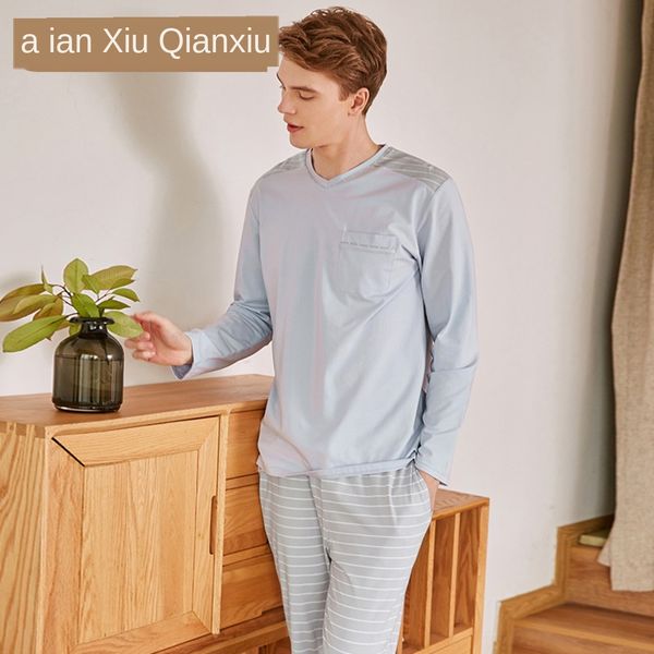 

light break spring and autumn new men's long sleeve casual simple knitted pajamas pajamas nightgown suit comfortable and breathable, Blue;red