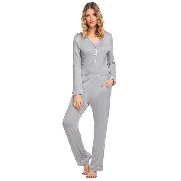 

women casual v-neck long sleeve sleepwear jumpsuit with pockets, Black;red