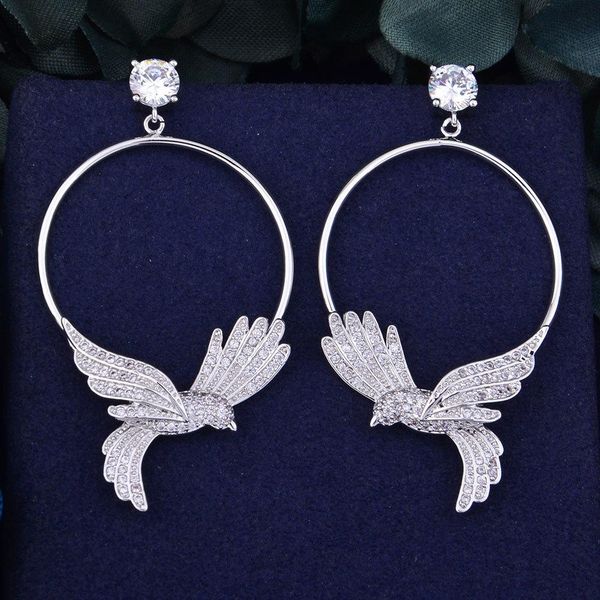 

godki 55mm luxury circle birds micro cubic zirconia women wedding party naija bridal dangle drop earring jewelry, Silver