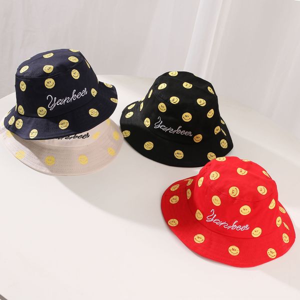 

autumn new bucket bucket children's basin baby fisherman letter smiling face casual sun hat men's and women's pure cotton hat, Blue;gray