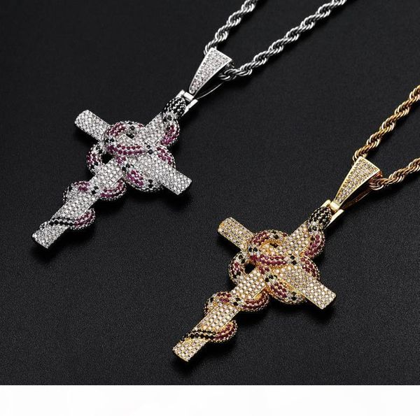 

r european and american new retro cross snake necklace personalized creative micro -inlaid zircon hip -hop jewelry, Silver