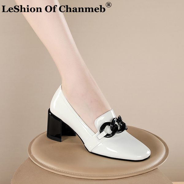

metal chain high heels women pumps natural genuine leather block heel shoes cow patent leather square toe shoe ladies size 34-42, Black