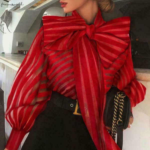 

sheer mesh women striped shirt blouse fashion long sleeve see through big bowknot ol elegant clothes stylish blusas femme, White
