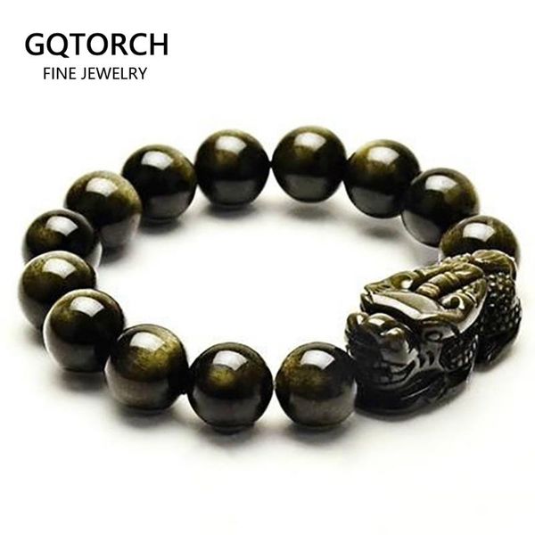 

natural obsidian beads bracelet gold color energy stone hand string pixiu lucky brave troops women men jewelry, Black