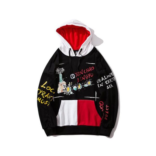 

men's hoodies & sweatshirts graffiti print color block patchwork hooded hip hop casual pullover hoodie streetwear harajuku, Black
