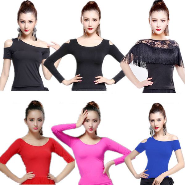 

latin women latin dance basic girl dancewear ballroom samba tango flamengo dancing practice t-shirt costume, Black;red