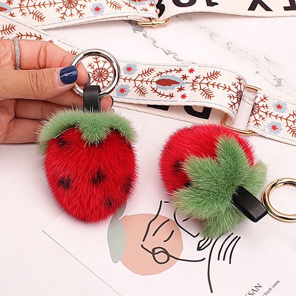 

real mink fur strawberry pompom bag charm keychain pendant keyring tassels, Silver