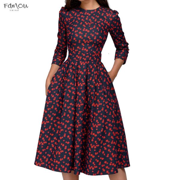 

womens a line print vintage dress floral vintage dress spring elegant midi long dress 3 4 sleeves abito vestido ~20, Black;gray