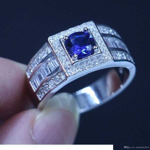 

wholesale luxury jewelry pure real soild 925 sterling silver blue sapphire 5a cz round cut gemstones wedding men band ring gift size 8-13, Golden;silver