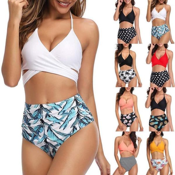 

swimwear women swimsuit halter bandage wrap bikini set push up ruched high waist summer beachwear bathing suit biquini, White;black