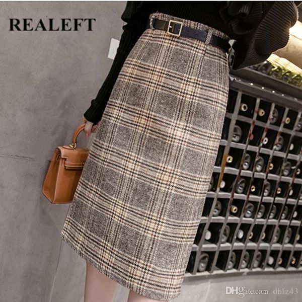 

hj women woolen vintage midi pencil skirts autumn winter plaid high waist harajuku tulle skirts with belt for female, Black