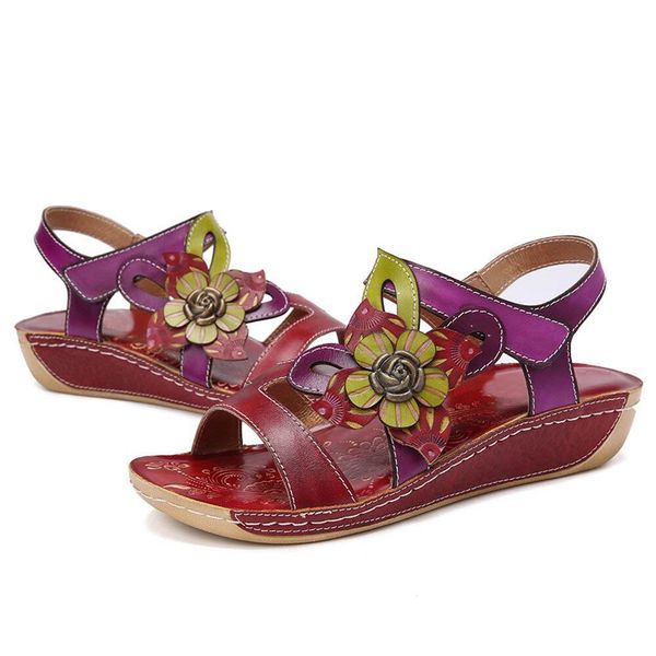 

yourseason genuine leather women flower shoes 2020 new summer ladies retro casual sewing sandals hook loop mixed colors, Black