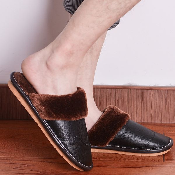 

men slippers winter genuine leather home indoor non-slip thermal mens slippers 2020 new warm winter for father, Black