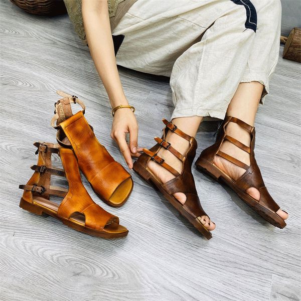 

careaymade-spring and summer new retro full-grain leather flat fish mouth female handmade leather rome sandals cool sandal boots, Black