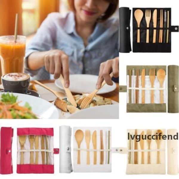 

environmental wood tableware brush straw storage bag chopsticks knife spoon fork 7piece set dinnerware outdoor comfortable dinnerware wy405