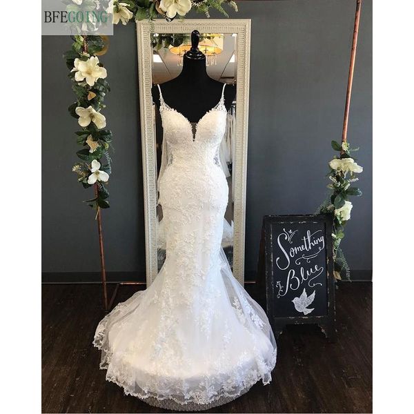 

white lace wedding dresses v neck spaghetti straps mermaid trumpet bridal gowns 2021 full lace chapel train australia wedding wear