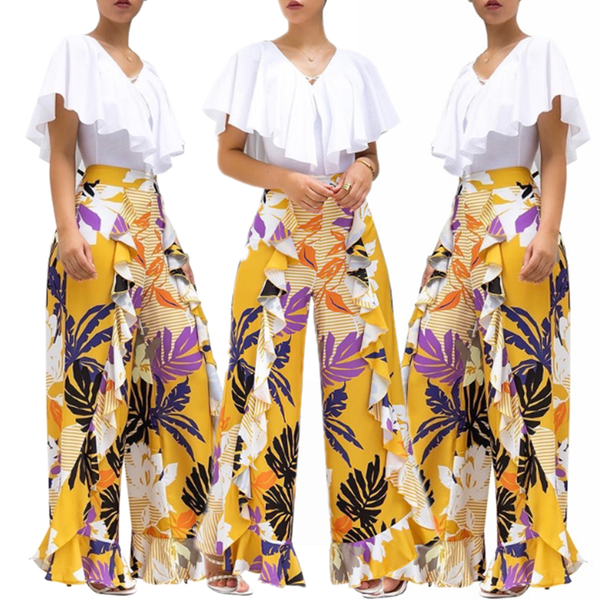 

p8120 european and american womens selling direct tribute printed wooden ear wide leg pants trousers, Black;white