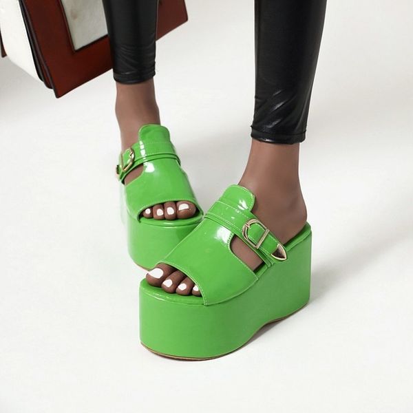 

women shoes thick bottom wedge buckle high platform slide sandals super high heel mules summer slip on black green sandals cs09