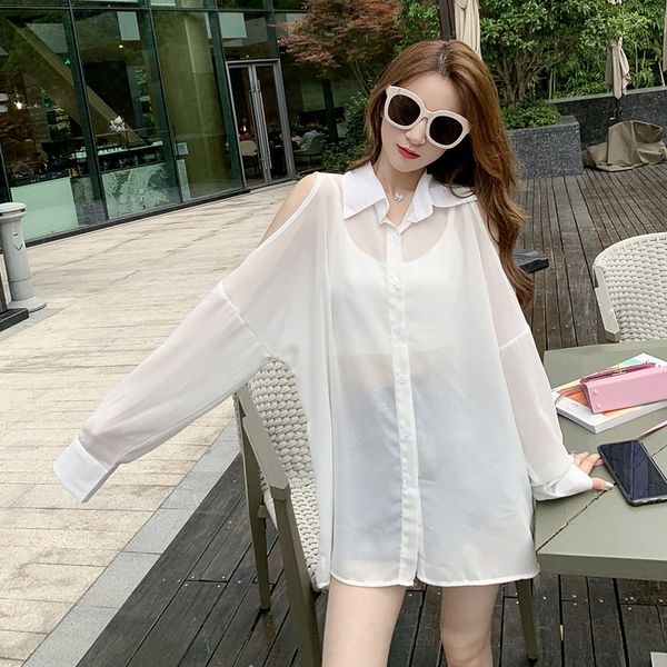 

летнего новый битнику средней длины дизайна ниша шифон рубашка женщины слегка top shirtshirt shirttransparent сексуальной -плечий белый верх, White