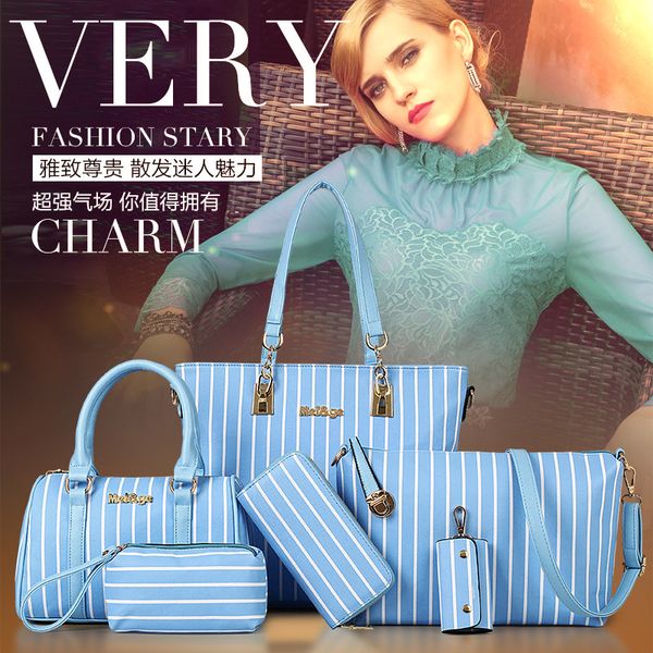 

2020 new striped six-piece tote bag for women, european and american fashion contrast color, one-shoulder diagonal cross mother-child bag