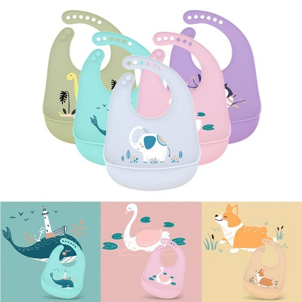 

1pc grade silicone bibs baby feeding saliva towel oil-proof adjustable burp cloths bandana cartoon waterproof aprons, Slivery;white