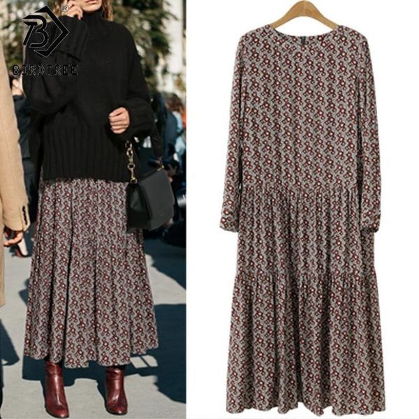 

plus size 4xl o-neck women print flowers shirt dress fall fashion vintage long sleeves good quality female dress d7n705a, Black;gray