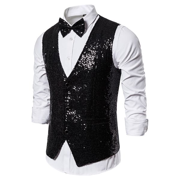 

mens suit vest 2020 brand black sequins dj nightclub vest waistcoat men party stage singers suit vests colete social masculino, Black;white