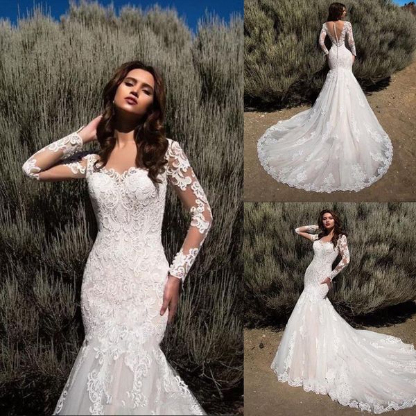 Elegante Brautkleider Meerjungfrau mit langen Ärmeln Brautkleider Spitzenapplikationen Übergröße 6 8 10 12 14 16 18 20 22