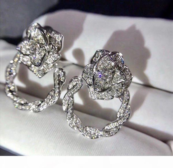 

luxury classic designer s925 sterling silver full crystal rose flower hollow round charm loop earrings for women jewelry, Golden